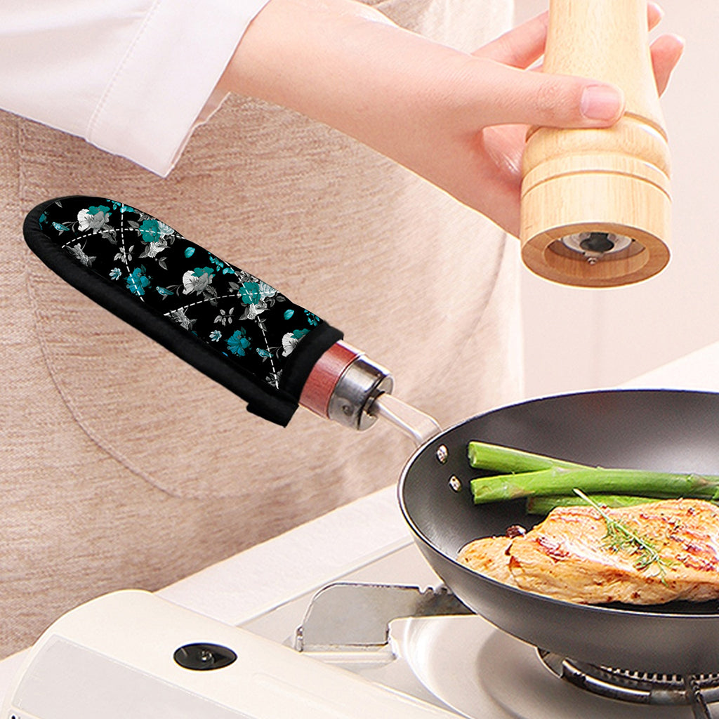 Blue Peony And Grey Rose Floral Print Skillet Handle Cover