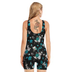 Blue Peony And Grey Rose Floral Print Sleeveless One Piece Swimsuit