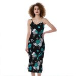 Blue Peony And Grey Rose Floral Print Slim Fit Midi Cami Dress