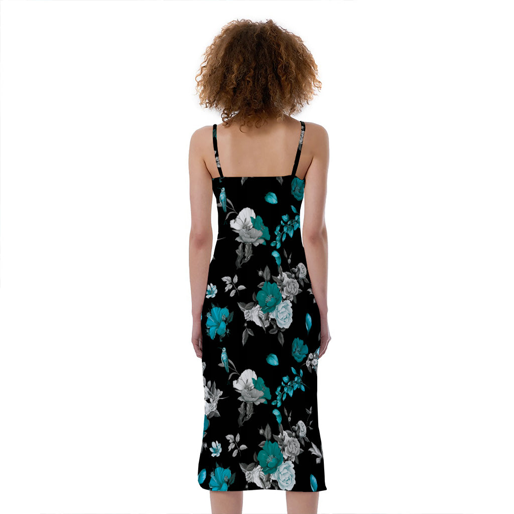 Blue Peony And Grey Rose Floral Print Slim Fit Midi Cami Dress