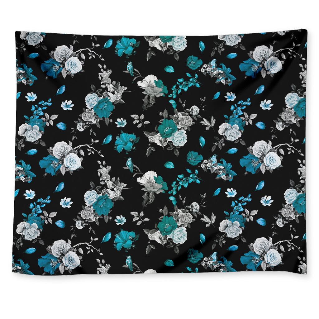 Blue Peony And Grey Rose Floral Print Tapestry