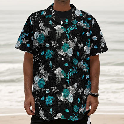 Blue Peony And Grey Rose Floral Print Textured Short Sleeve Shirt