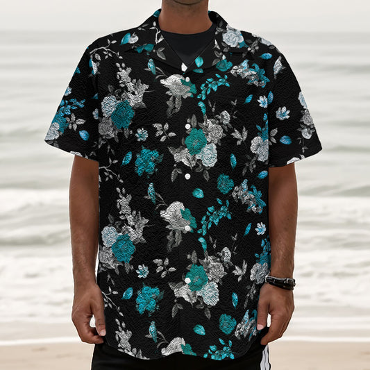 Blue Peony And Grey Rose Floral Print Textured Short Sleeve Shirt