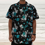 Blue Peony And Grey Rose Floral Print Textured Short Sleeve Shirt