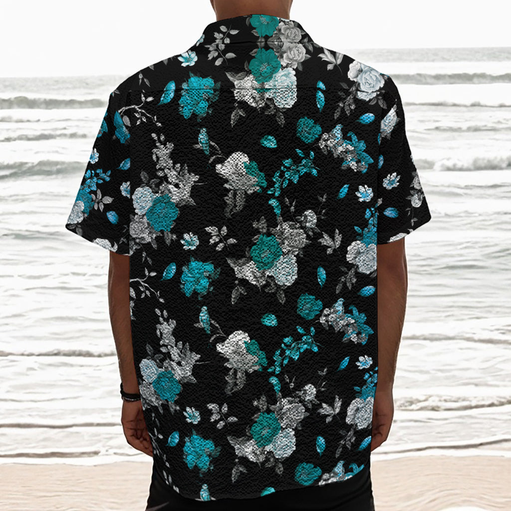 Blue Peony And Grey Rose Floral Print Textured Short Sleeve Shirt