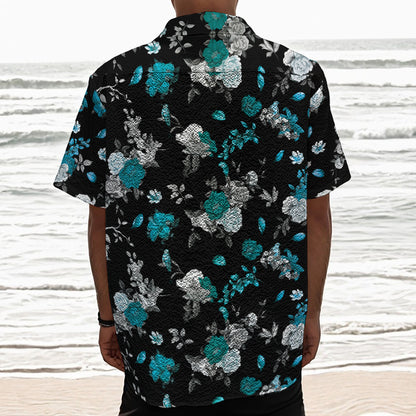 Blue Peony And Grey Rose Floral Print Textured Short Sleeve Shirt