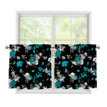 Blue Peony And Grey Rose Floral Print Tier Curtains