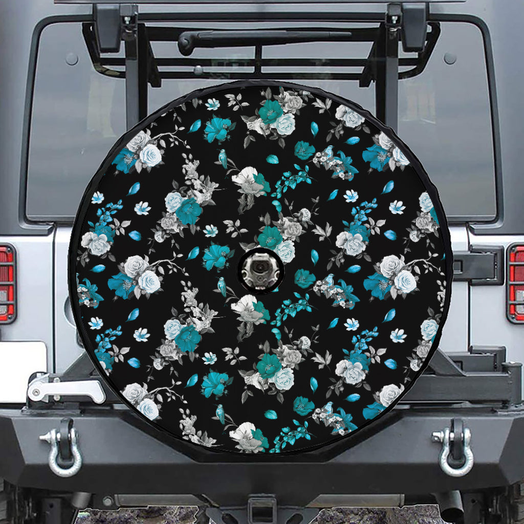 Blue Peony And Grey Rose Floral Print Tire Cover With Camera Hole