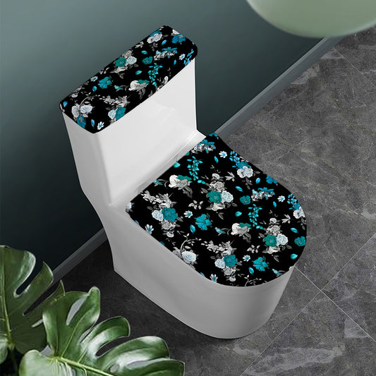 Blue Peony And Grey Rose Floral Print Toilet Lid And Tank Cover Set