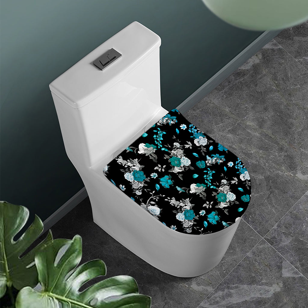Blue Peony And Grey Rose Floral Print Toilet Lid Cover