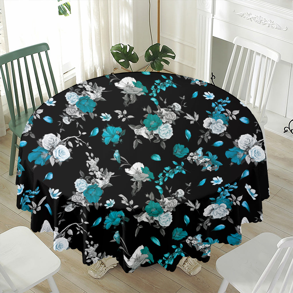 Blue Peony And Grey Rose Floral Print Waterproof Round Tablecloth