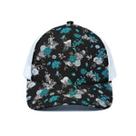 Blue Peony And Grey Rose Floral Print White Mesh Trucker Cap