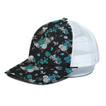 Blue Peony And Grey Rose Floral Print White Mesh Trucker Cap