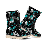 Blue Peony And Grey Rose Floral Print Winter Boots