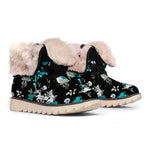 Blue Peony And Grey Rose Floral Print Winter Boots