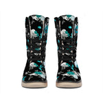 Blue Peony And Grey Rose Floral Print Winter Boots