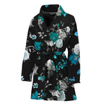 Blue Peony And Grey Rose Floral Print Women's Bathrobe