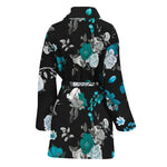 Blue Peony And Grey Rose Floral Print Women's Bathrobe
