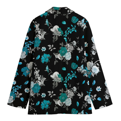 Blue Peony And Grey Rose Floral Print Women's Blazer