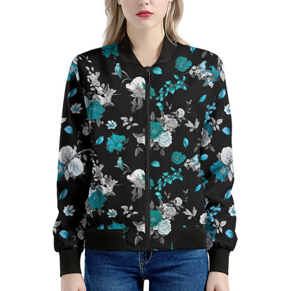 Blue Peony And Grey Rose Floral Print Women's Bomber Jacket