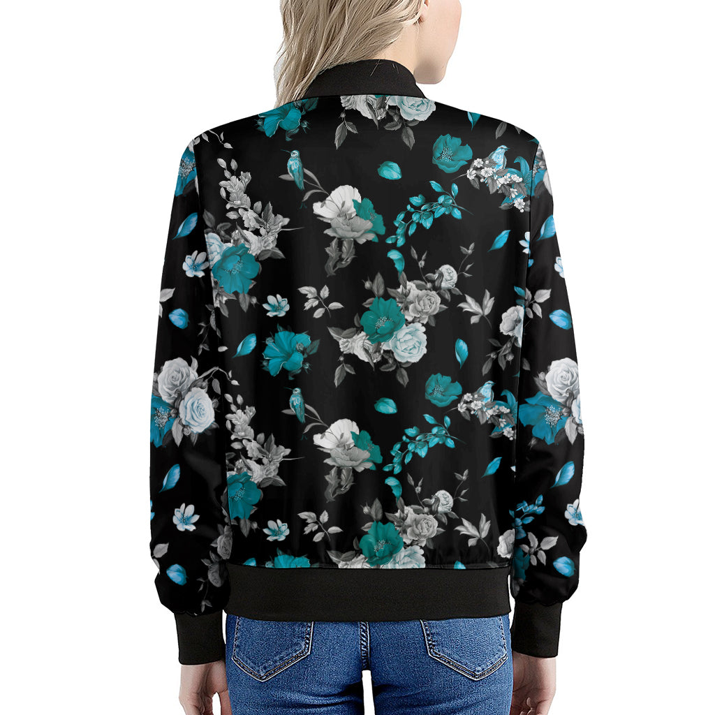 Blue Peony And Grey Rose Floral Print Women's Bomber Jacket