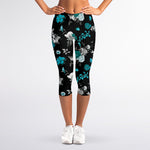 Blue Peony And Grey Rose Floral Print Women's Capri Leggings