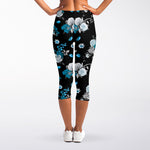 Blue Peony And Grey Rose Floral Print Women's Capri Leggings