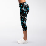 Blue Peony And Grey Rose Floral Print Women's Capri Leggings