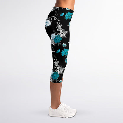 Blue Peony And Grey Rose Floral Print Women's Capri Leggings