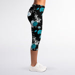 Blue Peony And Grey Rose Floral Print Women's Capri Leggings