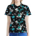 Blue Peony And Grey Rose Floral Print Women's Polo Shirt
