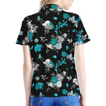 Blue Peony And Grey Rose Floral Print Women's Polo Shirt