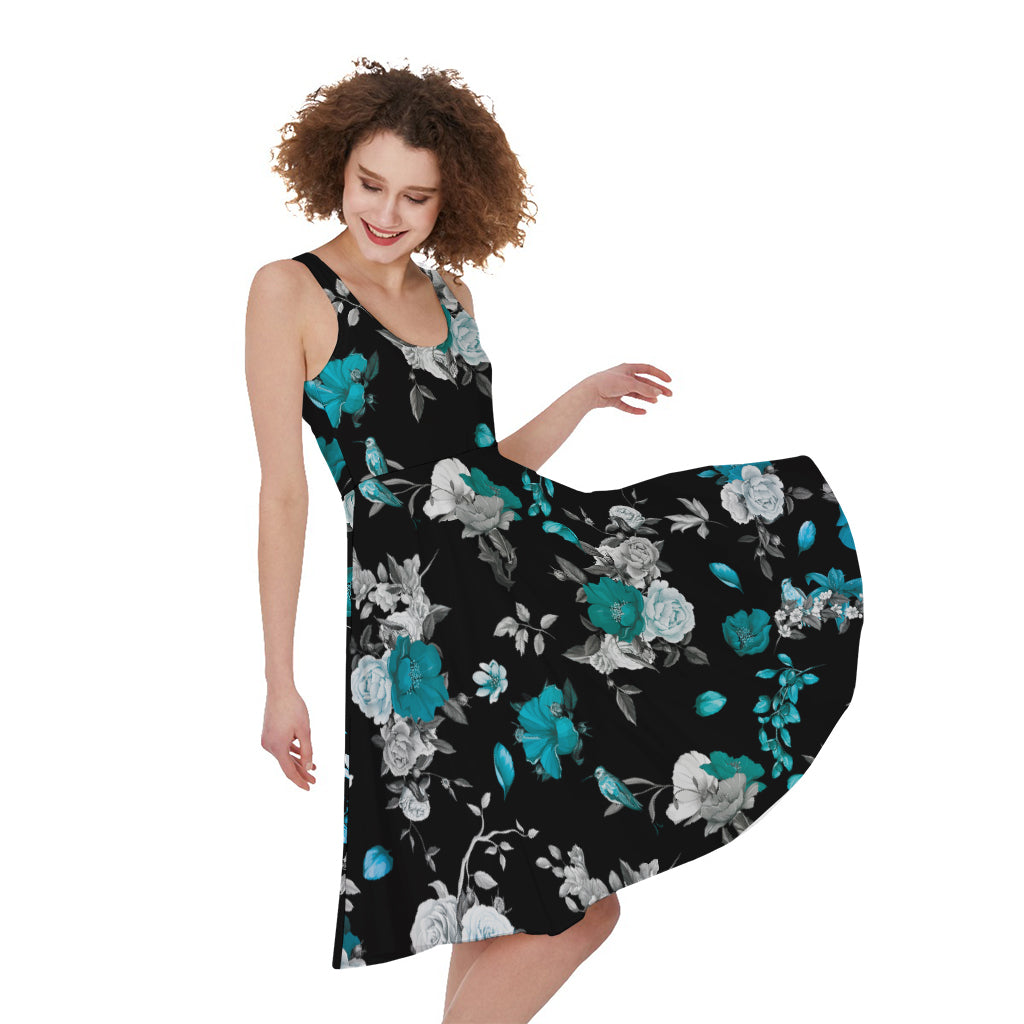 Blue Peony And Grey Rose Floral Print Women's Sleeveless Dress