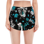 Blue Peony And Grey Rose Floral Print Women's Split Running Shorts