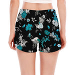 Blue Peony And Grey Rose Floral Print Women's Split Running Shorts