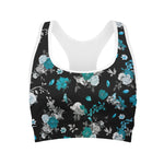Blue Peony And Grey Rose Floral Print Women's Sports Bra