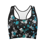 Blue Peony And Grey Rose Floral Print Women's Sports Bra