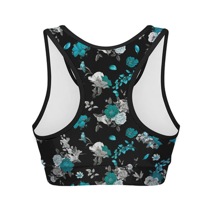 Blue Peony And Grey Rose Floral Print Women's Sports Bra