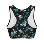 Blue Peony And Grey Rose Floral Print Women's Sports Bra