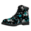 Blue Peony And Grey Rose Floral Print Padded Collar Lace Up Boots