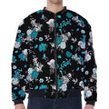 Blue Peony And Grey Rose Floral Print Zip Sleeve Bomber Jacket