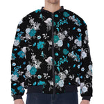 Blue Peony And Grey Rose Floral Print Zip Sleeve Bomber Jacket