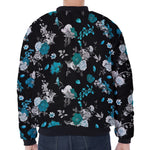 Blue Peony And Grey Rose Floral Print Zip Sleeve Bomber Jacket