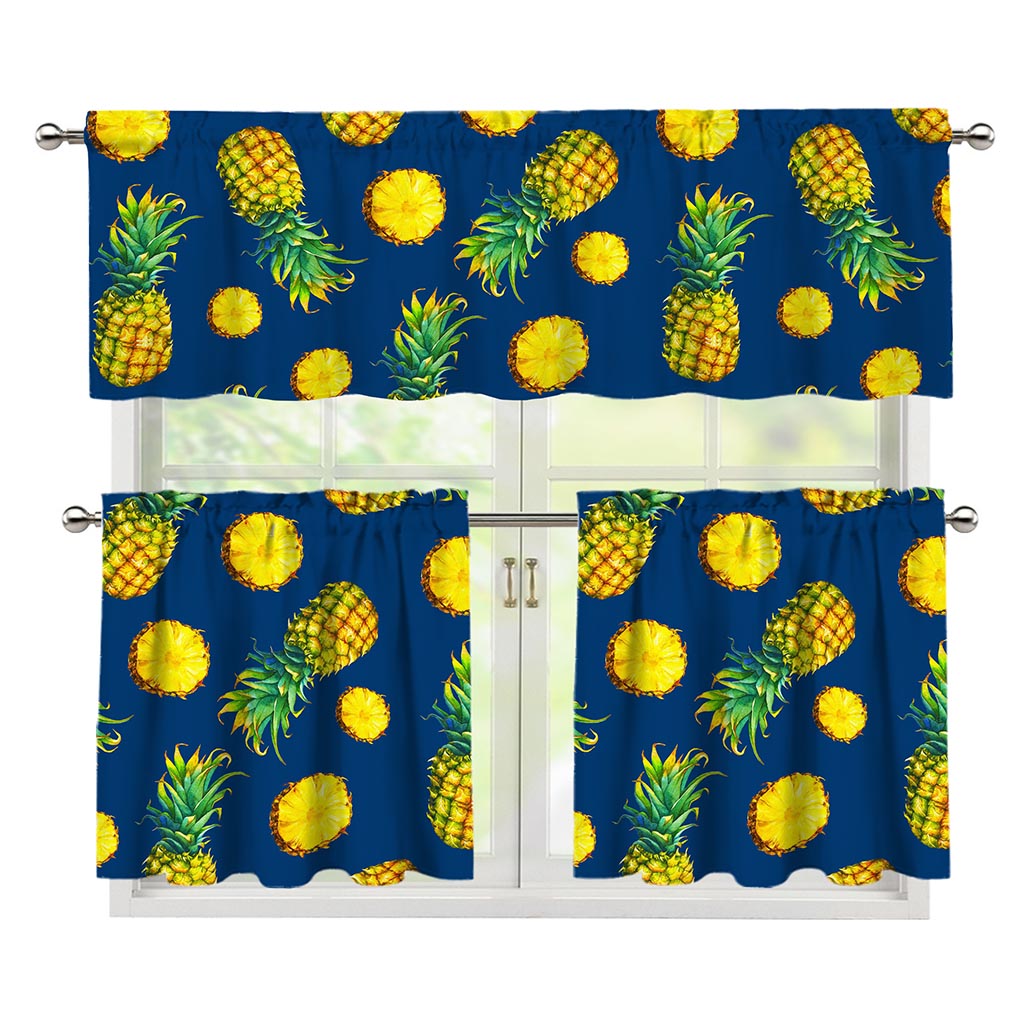 Blue Pineapple Pattern Print 3 Piece Kitchen Curtains