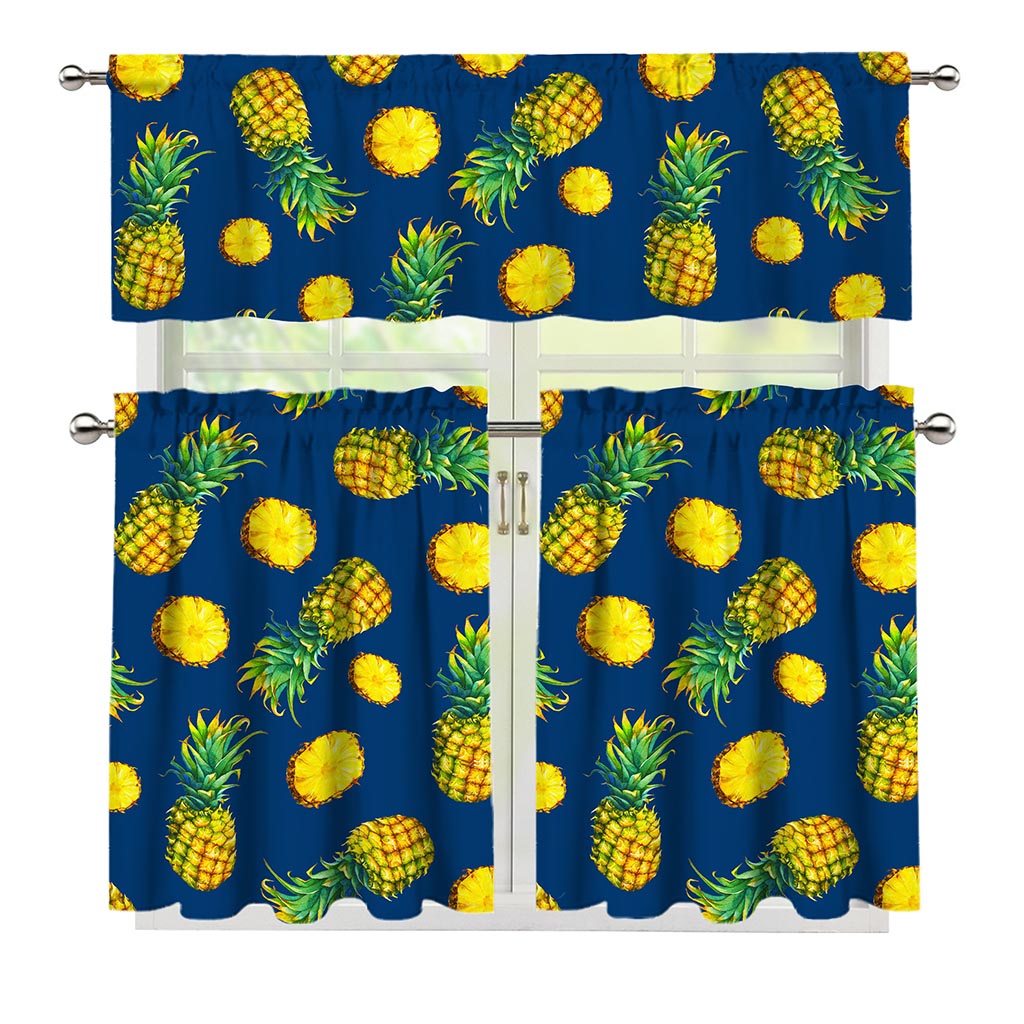 Blue Pineapple Pattern Print 3 Piece Kitchen Curtains