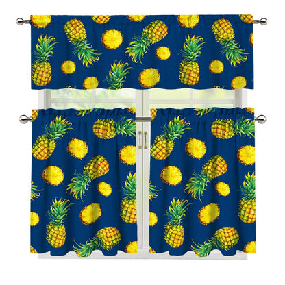 Blue Pineapple Pattern Print 3 Piece Kitchen Curtains