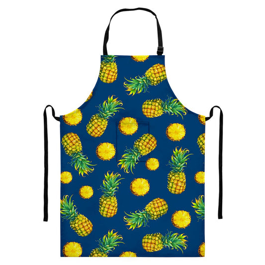 Blue Pineapple Pattern Print Bib Apron With Pocket