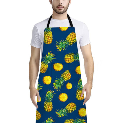 Blue Pineapple Pattern Print Bib Apron With Pocket
