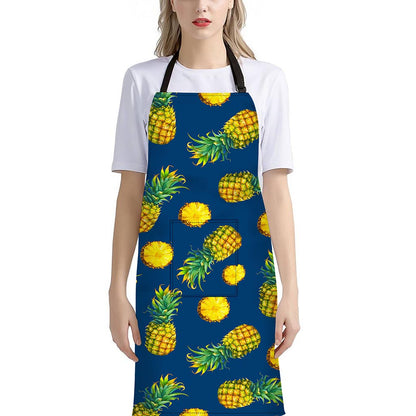 Blue Pineapple Pattern Print Bib Apron With Pocket