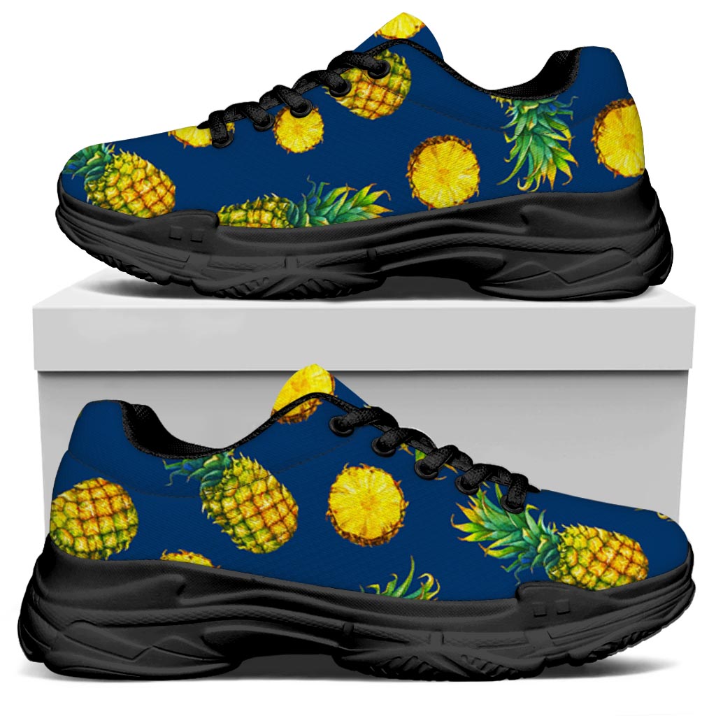 Blue Pineapple Pattern Print Black Chunky Shoes